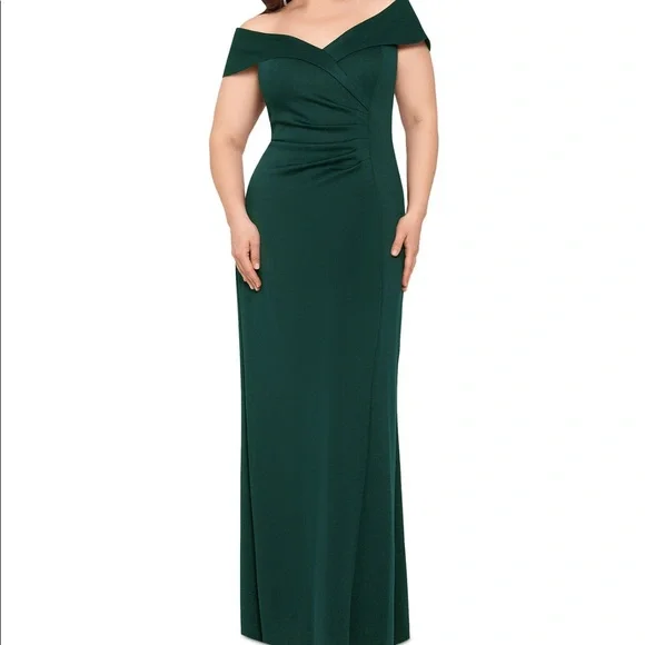 Xscape Womens Green Zippered Slitted Lined Pleated Padded Bust Cap Sleeve Off Shoulder Full-Length Formal Gown Dress 14